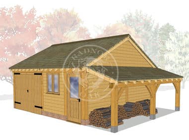 2 Bay Oak framed Garage and workshop with log store on the right | Byton Low Ridge | Model No. BYL2023 | Radnor Oak buildings